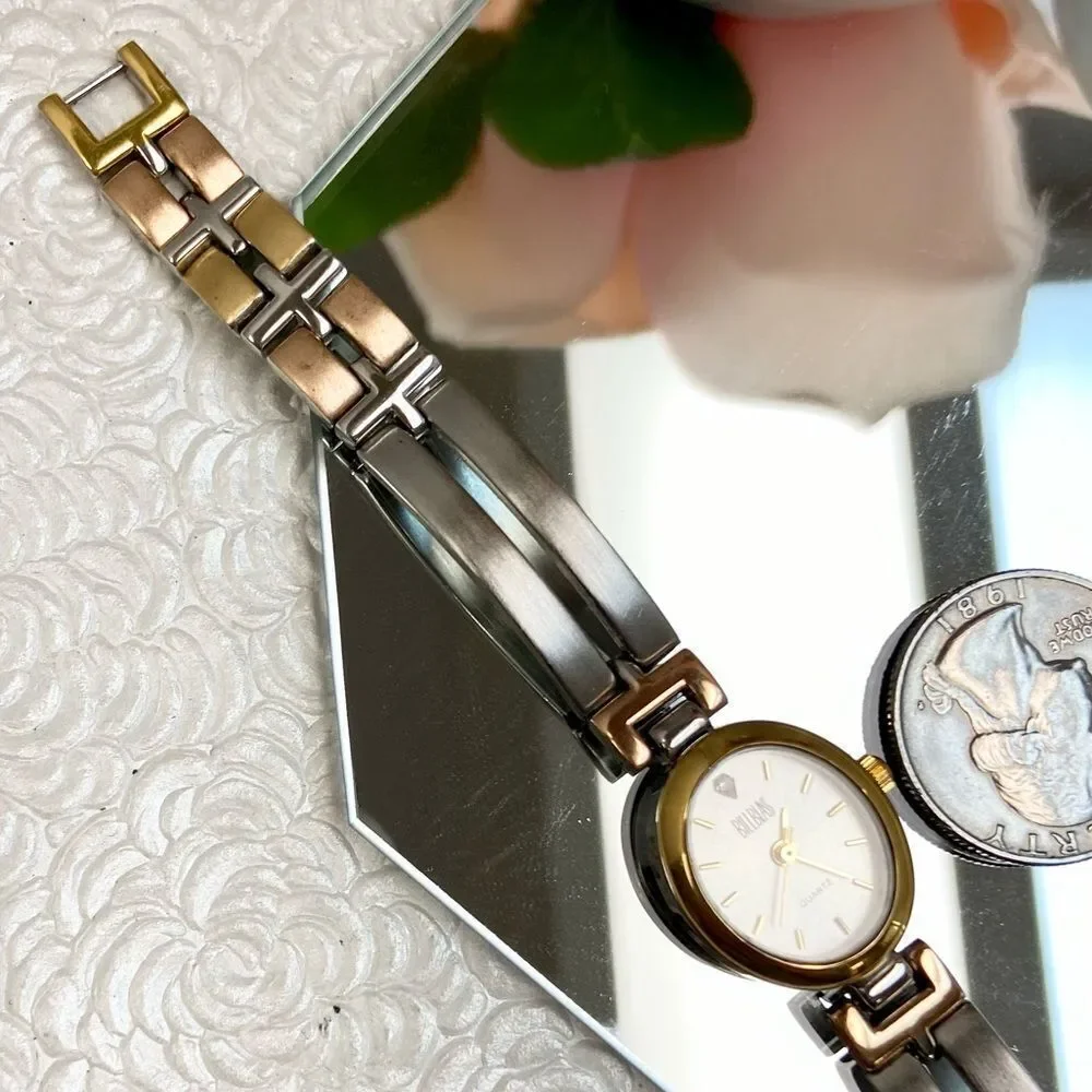 Vintage Bill Blass Diamond Accented Oval Dial Tri-Color Bracelet Watch